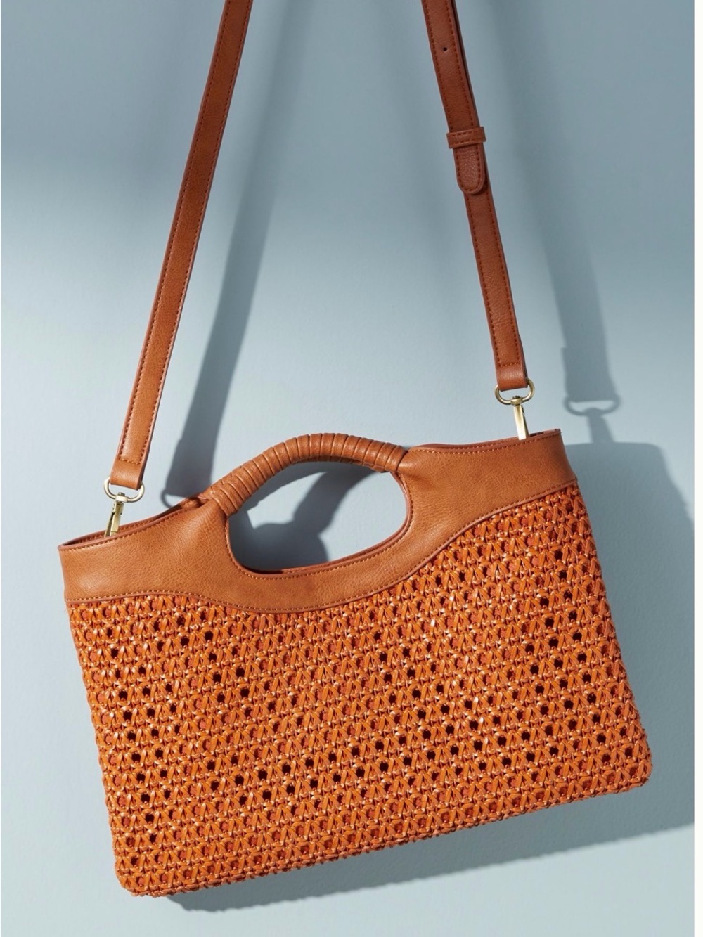 Anthropologie Woven Leather Top-Handle Crossbody Bag - Tan